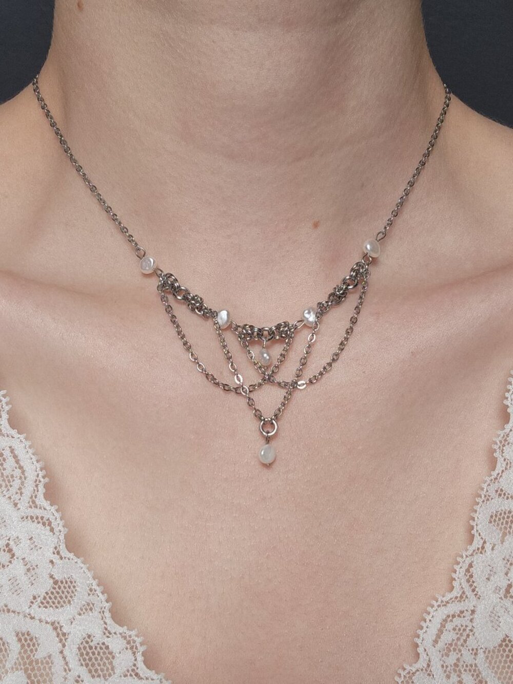 Vintage delicate freshwater pearl and silver chandelier necklace ✦ coastal style